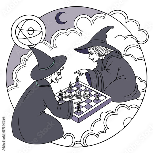Two witches wearing pointed hats and dark robes play a strategic game of chess on a checkered board under a crescent moon and mystical symbol