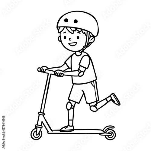 Young caucasian boy riding scooter with helmet and safety gear. Vector hand-drawn doodle illustration
