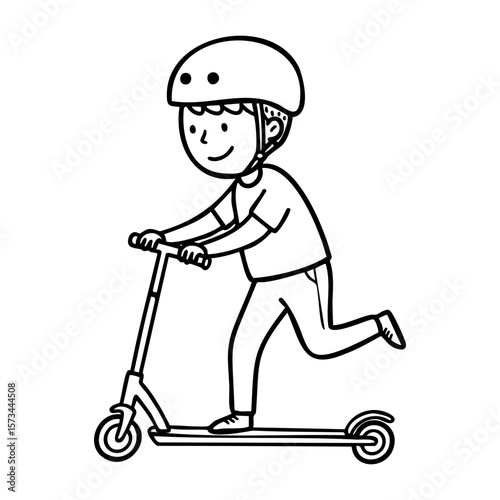 Young caucasian male child riding scooter with helmet in outline drawing. Vector hand-drawn doodle illustration