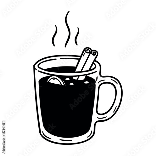 Hot spiced beverage with cinnamon stick and lemon slice in mug. Vector hand-drawn doodle illustration
