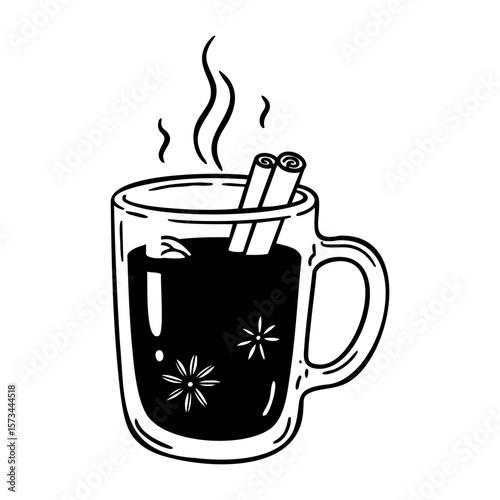 Steaming hot beverage with cinnamon sticks and star anise. Vector hand-drawn doodle illustration
