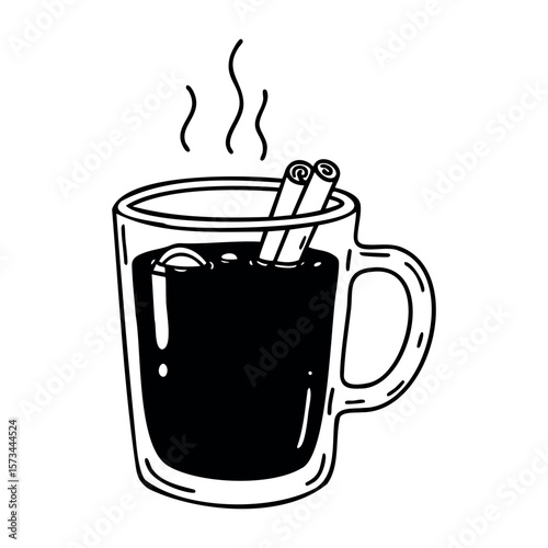 Hot beverage mug with cinnamon sticks and steam in simple line art. Vector hand-drawn doodle illustration