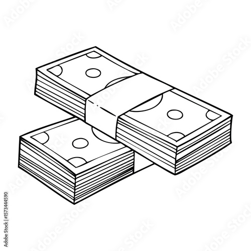 Stacks of cash with bands in black and white line drawing. Vector hand-drawn doodle illustration
