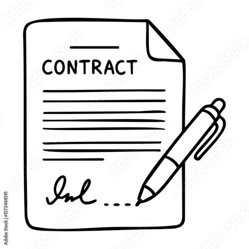 Contract document with signature line and pen icon illustration. Vector hand-drawn doodle illustration