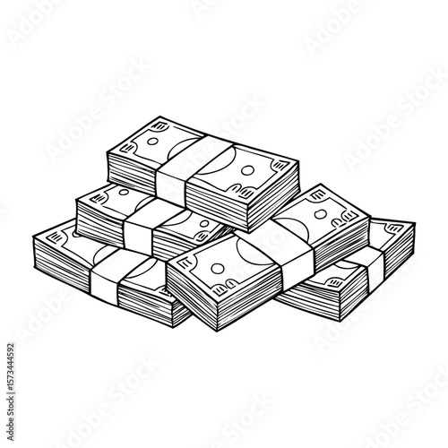 Stacks of cash illustrations depicting bundles of money in detailed line art. Vector hand-drawn doodle illustration