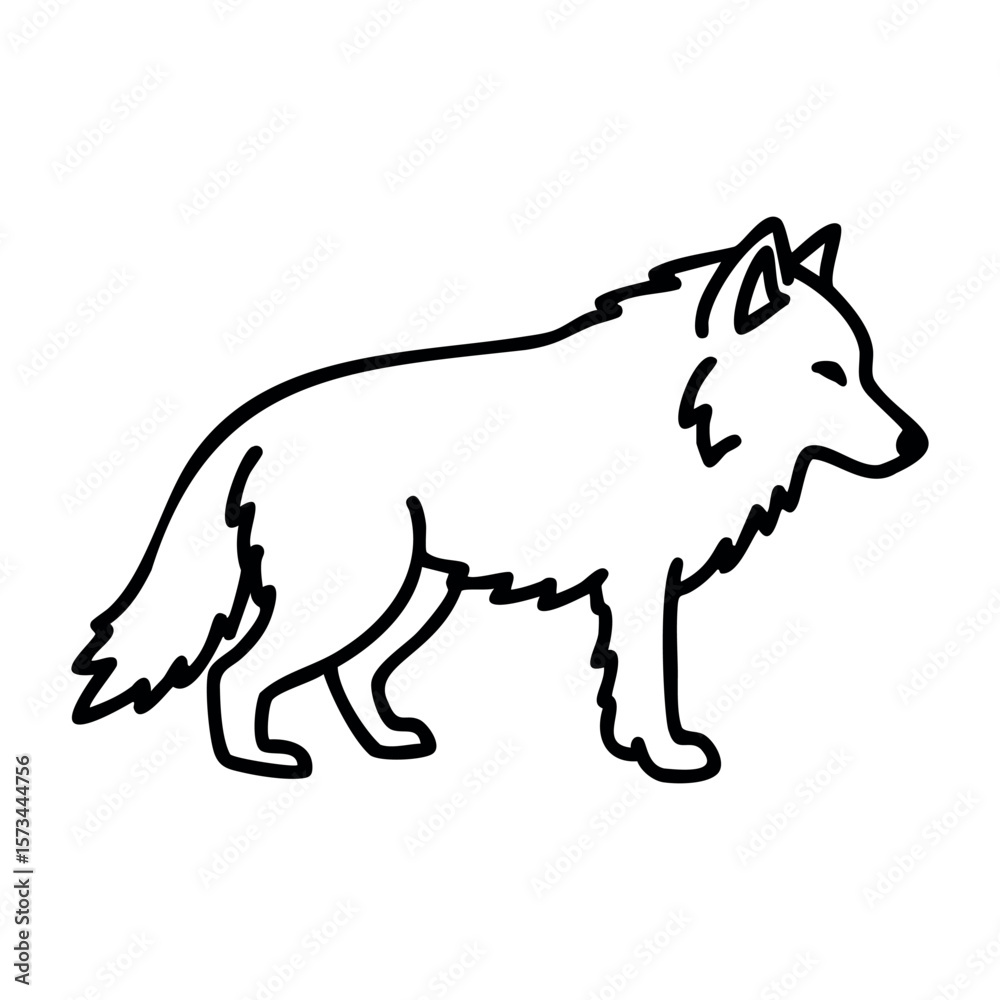 Fototapeta premium Outline drawing of a standing wolf in profile view. Vector hand-drawn doodle illustration