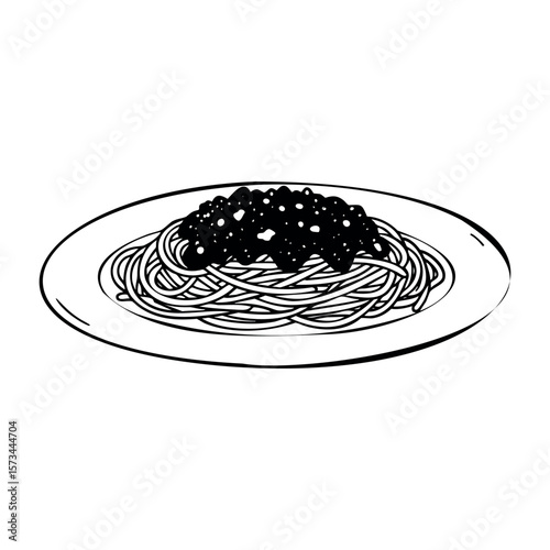 Hand-drawn spaghetti with tomato sauce on a plate. Vector hand-drawn doodle illustration