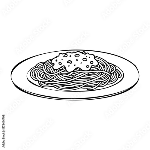 Illustrated plate of spaghetti with sauce. Vector hand-drawn doodle illustration