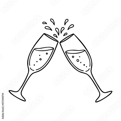 Champagne glasses clinking with splashing bubbles celebratory toast outline. Vector hand-drawn doodle illustration