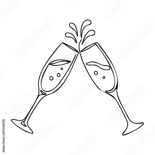 Elegant toast: line art of two clinking champagne glasses. Vector hand-drawn doodle illustration