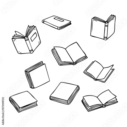 Collection of outline drawings of various open and closed books. Vector hand-drawn doodle illustration