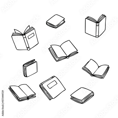 Variety of open and closed books vector illustration. Vector hand-drawn doodle illustration