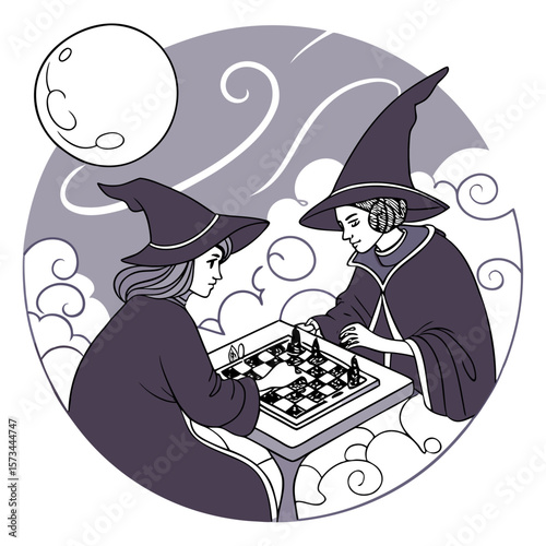 Two young witches wearing pointy hats and robes play a strategic game of chess together on a table under a large stylized full moon and swirling clouds