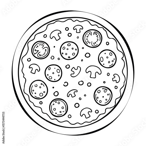 Illustration of a classic pizza with toppings in monochrome style. Vector hand-drawn doodle illustration