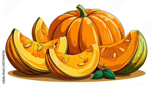 Sliced organic pumpkin wedges, bright orange with textured skin, rest beside whole squashes, creating a warm autumn composition full of color, nutrition, and cozy harvest energy on white background.