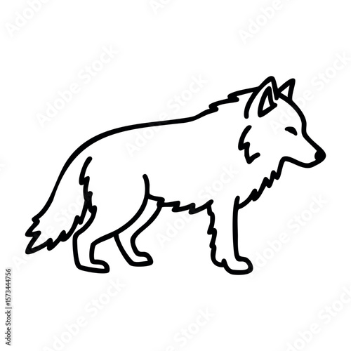 Outline drawing of a standing wolf in profile view. Vector hand-drawn doodle illustration