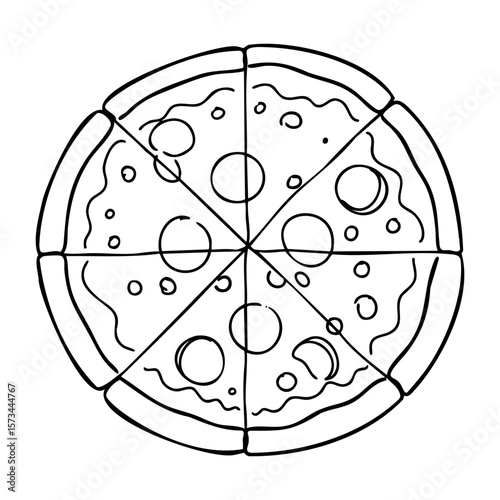 Hand-drawn pizza outline with toppings and sliced sections. Vector hand-drawn doodle illustration