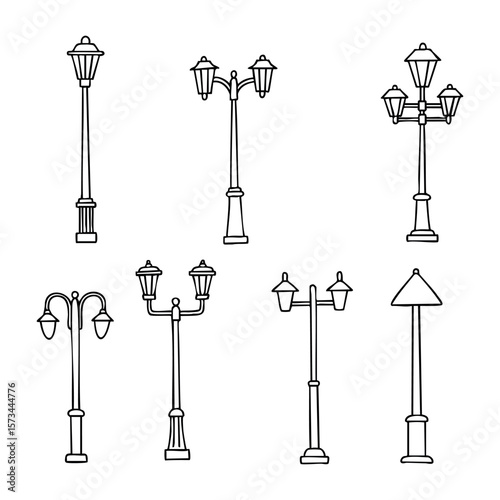 Collection of vintage street lamp post designs in line art. Vector hand-drawn doodle illustration