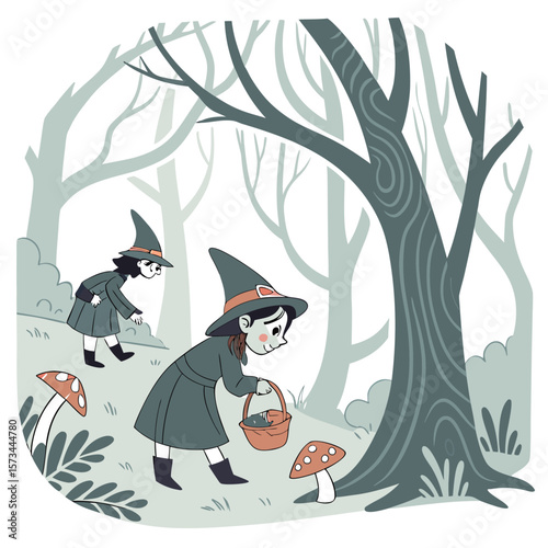 Two young witches in pointy hats and cloaks gathering mushrooms in a mystical forest with bare trees and foliage under a pale sky