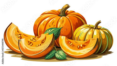 Sliced organic pumpkin wedges, bright orange with textured skin, rest beside whole squashes, creating a warm autumn composition full of color, nutrition, and cozy harvest energy on white background.