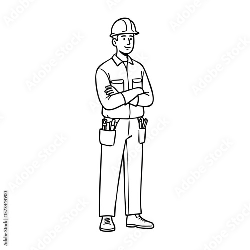 Caucasian male construction worker line art with tools and hard hat. Vector hand-drawn doodle illustration
