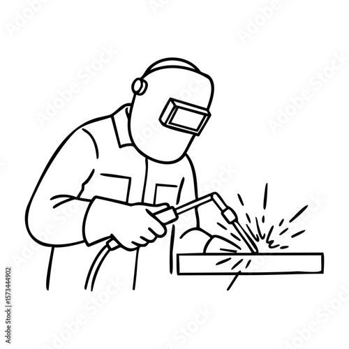 Male welder wearing safety gear with welding torch and sparks. Vector hand-drawn doodle illustration