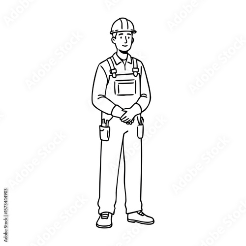 Male construction worker in uniform with tools and helmet standing confidently. Vector hand-drawn doodle illustration