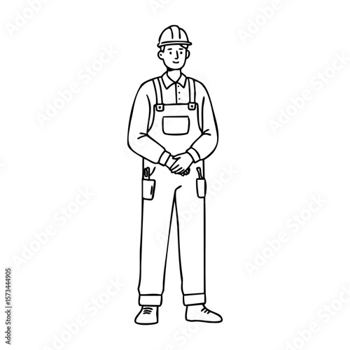 Cartoon drawing of male construction worker with hard hat. Vector hand-drawn doodle illustration