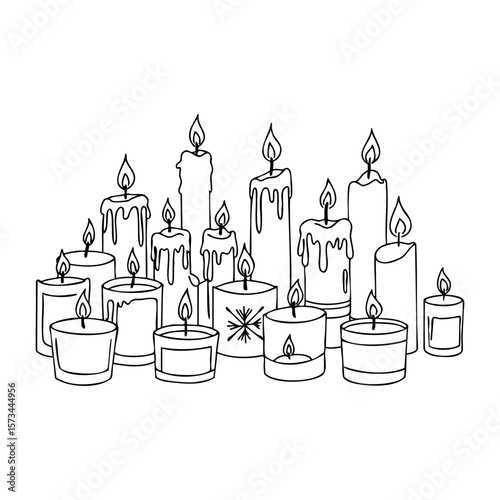 Hand-drawn assorted candles with melting wax and flames in line art. Vector hand-drawn doodle illustration