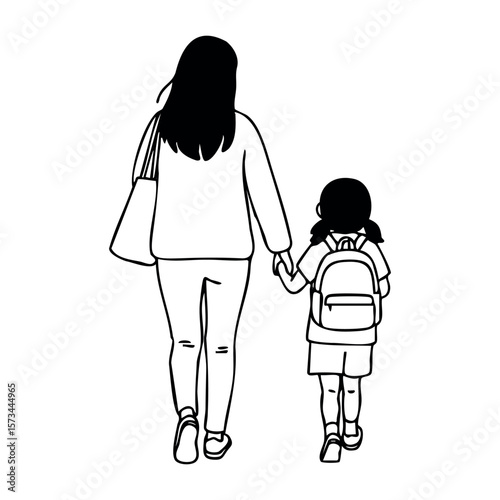 Mother and daughter walking together illustrates parental bond and togetherness. Vector hand-drawn doodle illustration