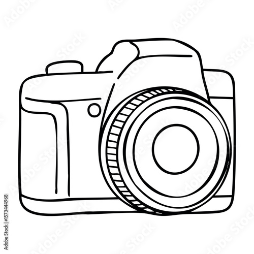 Line art illustration of a dslr camera outline with lens. Vector hand-drawn doodle illustration