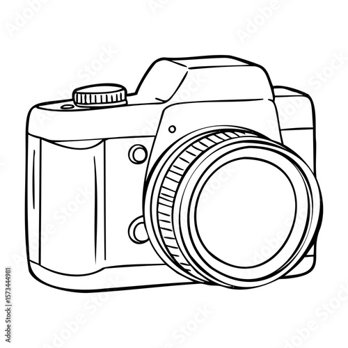 Line drawing of a digital camera with detailed lens. Vector hand-drawn doodle illustration