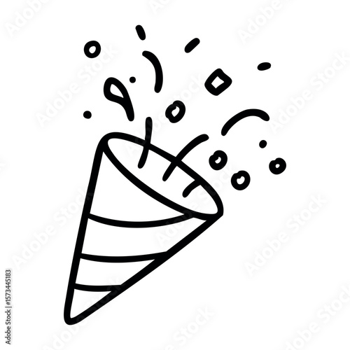 Illustrated celebration party popper with confetti in black and white. Vector hand-drawn doodle illustration