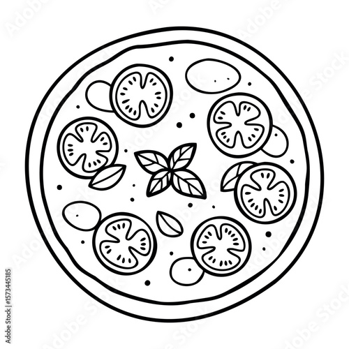 Outline of a pizza with tomato slices and basil leaves. Vector hand-drawn doodle illustration