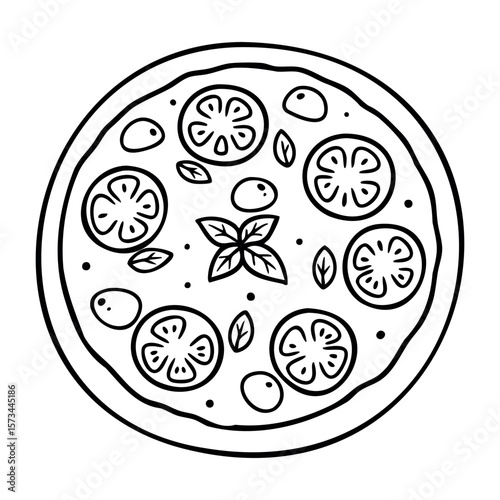 Outline drawing of a tomato and basil pizza with toppings in a circle. Vector hand-drawn doodle illustration