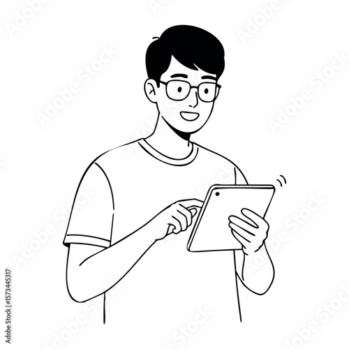 Asian young male with glasses using tablet and smiling. Vector hand-drawn doodle illustration