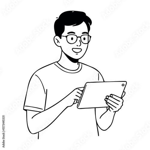 Young caucasian male using tablet with a smile in line art. Vector hand-drawn doodle illustration