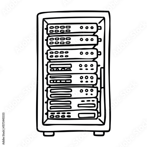 Illustration of a network server rack with multiple units. Vector hand-drawn doodle illustration