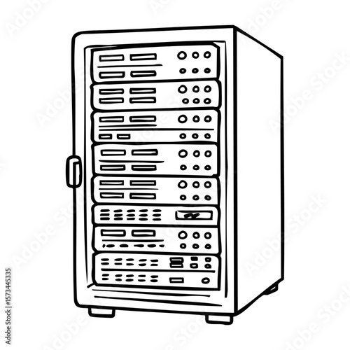 Monochrome illustration of a network server rack with multiple panels. Vector hand-drawn doodle illustration