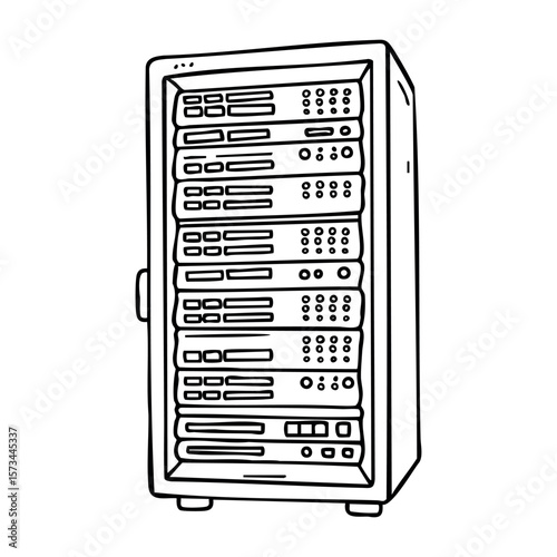 Hand-drawn server rack illustration with multiple units and control panels. Vector hand-drawn doodle illustration