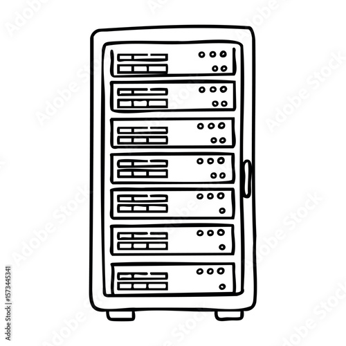 Hand-drawn server rack with multiple units and buttons. Vector hand-drawn doodle illustration