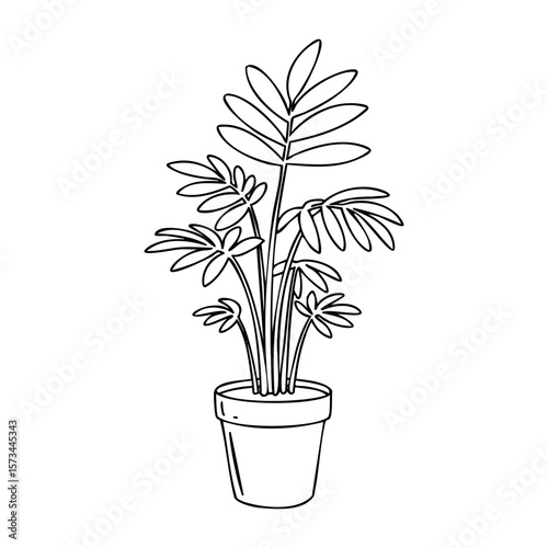 Line art of potted plant with long leaves in a simple pot design. Vector hand-drawn doodle illustration