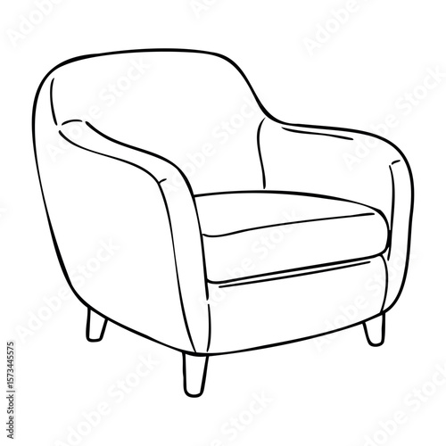 Minimalist line art of mid-century modern armchair design. Vector hand-drawn doodle illustration