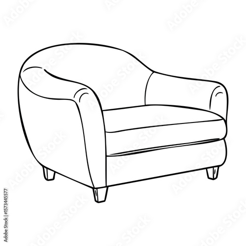 Simple line art of a modern armchair with rounded design features. Vector hand-drawn doodle illustration