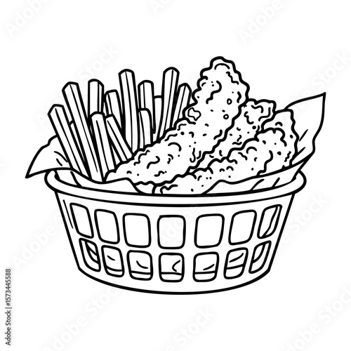 Basket with crispy chicken strips and fries. Vector hand-drawn doodle illustration