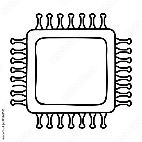 Hand-drawn microchip with pins on all sides. Vector hand-drawn doodle illustration