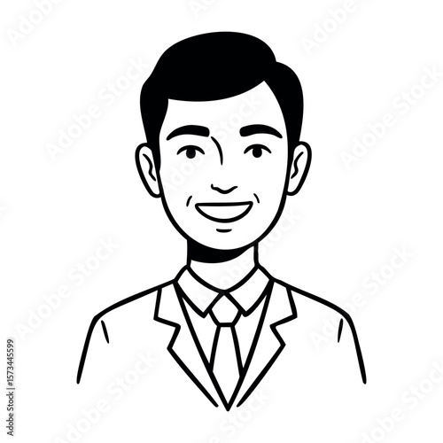 Smiling young asian male in suit illustration. Vector hand-drawn doodle illustration