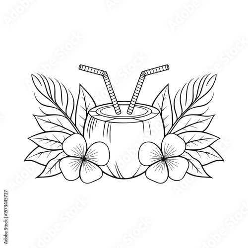 Tropical coconut drink with palm leaves and flowers