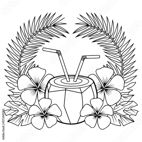 Tropical coconut drink with palm leaves and flowers