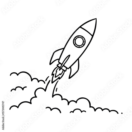 Simple black and white rocket drawing with smoke trail. Vector hand-drawn doodle illustration